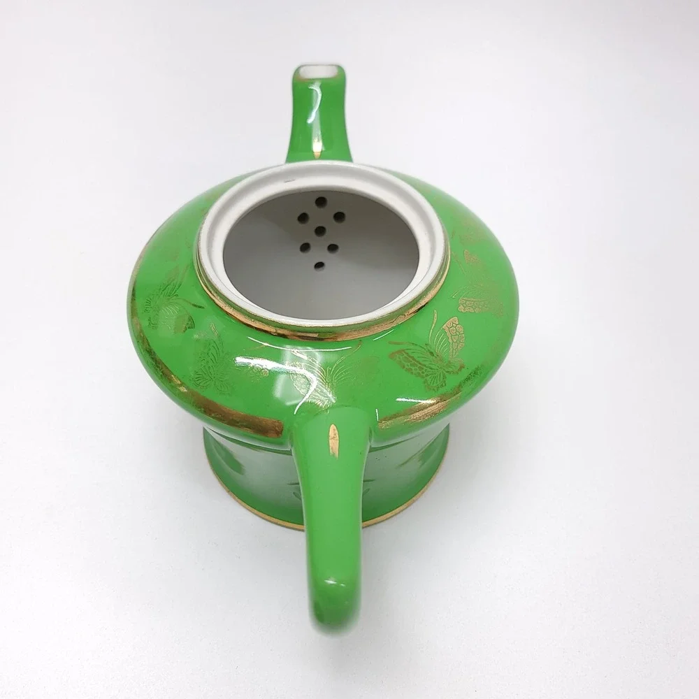 Vintage‎ Hall China 0152 Green 6 Cup Teapot Gold Butterfly Motif Made in USA